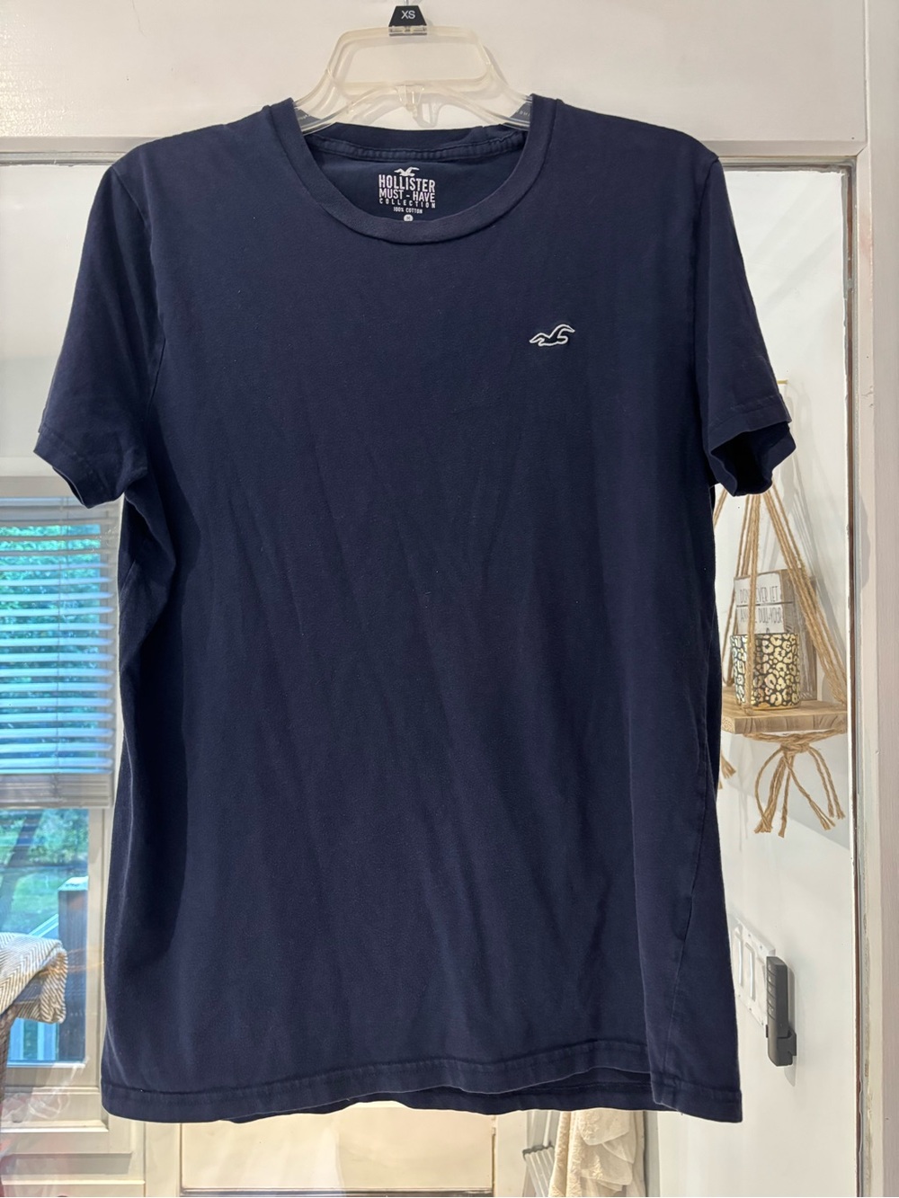 Hollister Men's Dark Navy Crew Tee with Embroidered Logo